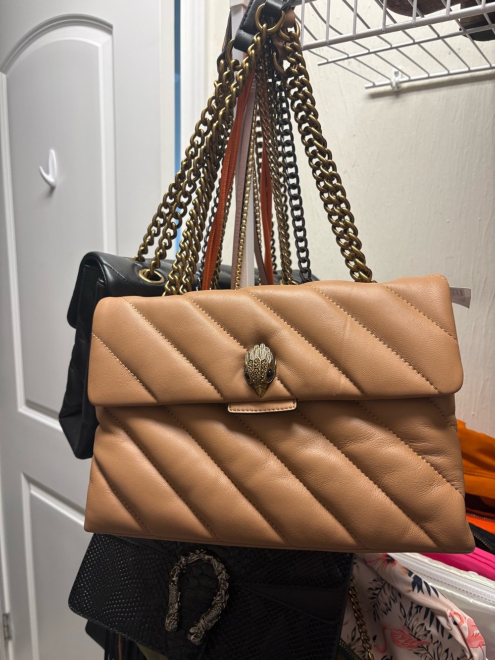 Kurt Geiger Tan Quilted Chain Shoulder Bag with Metal Clasp